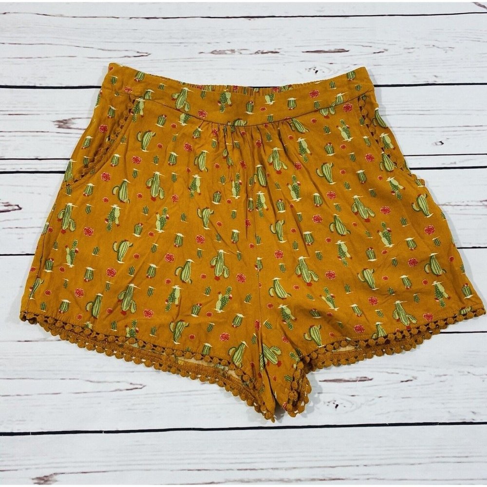 Eyeshadow Cactus Print Shorts Sz Medium Succulent Print Orange Pockets Rickrack